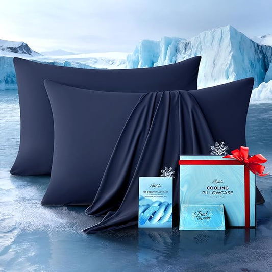Ultra-Chill Cooling Pillowcase Set of 2 for Hot Sleepers, Softer Than Silk Pillow Cases for Protecting Hair & Skin, Breathable Bed Pillow Covers w/Zipper, Gifts for Women Men (Navy Blue, Queen) - Bloomnest