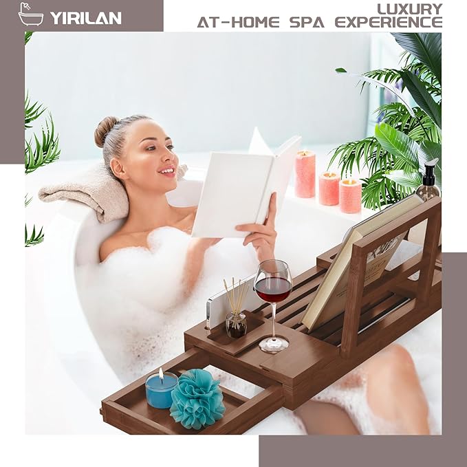 Yirilan Bamboo Bathtub Tray, Expandable Bathroom Tray,Browm - Bloomnest