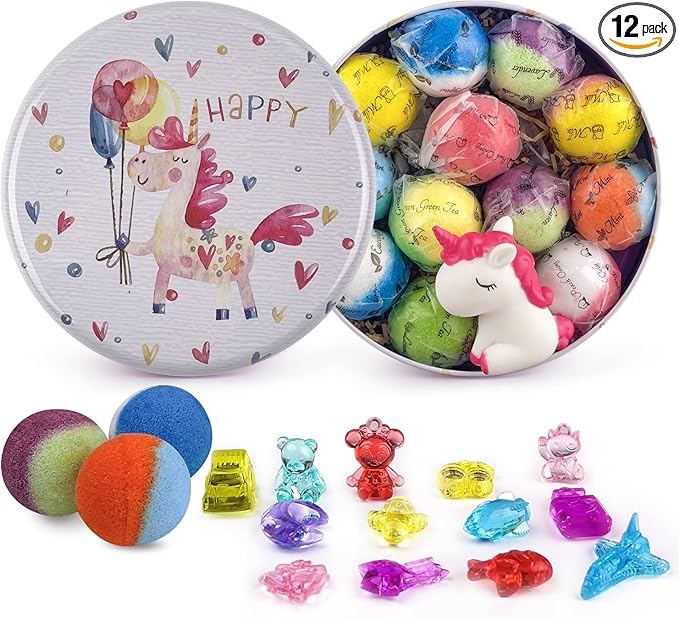 Bath Bombs for Kids, 12pcs Bath Bombs with Surprise Crystal Toys Inside, Handmade Natural and Organic Bubble Bath Fizzies, Birthday Easter Gift for Girls and Boys - Bloomnest