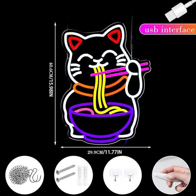 Fortune Cat Ramen Neon Sign, Japanese Noodle Neon Light Sign, Dimmable Lucky Cat LED Neon Lights for Wall Decor Restaurant Kitchen Ramen Shop Bar Room Gifts - Bloomnest