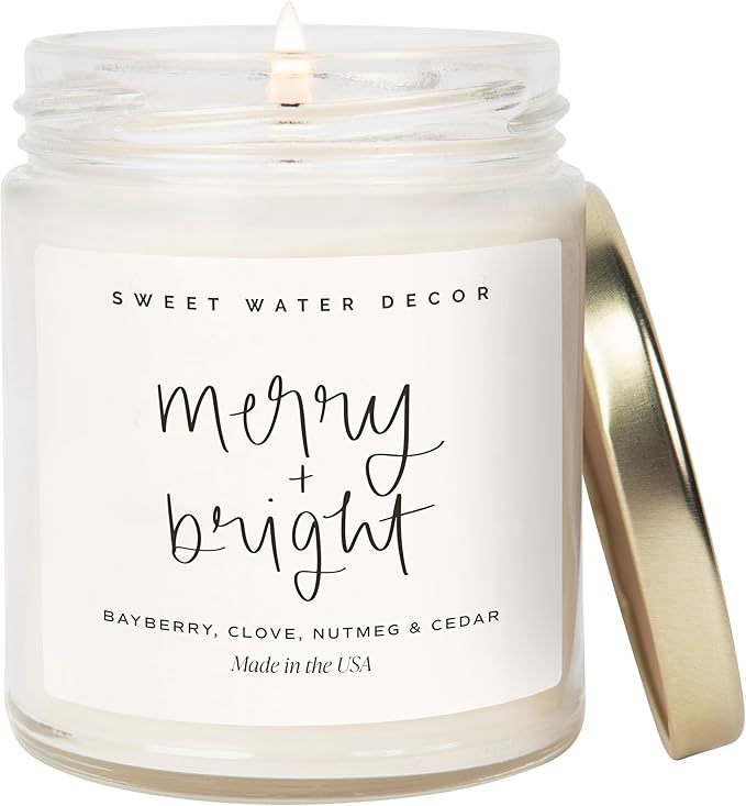 Sweet Water Decor Merry and Bright Candle - Bayberry, Fir, Nutmeg, and Clove Winter Holiday Scented Soy Candles for Home - 9oz Clear Jar, 40 Hour Burn Time, Made in The USA - Bloomnest