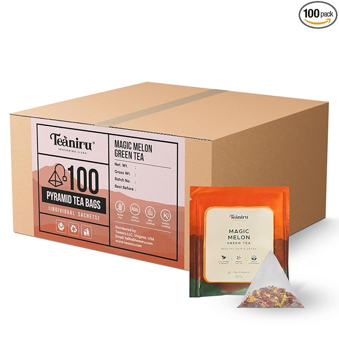 Teaniru, Magic Melon Green Tea, 100 Pyramid Tea Bags, Individual Sachets | Detox Tea - Green Tea with Musk Melon & Aloe Vera | 100% Natural Ingredients - Pure Leaf Tea - Bloomnest