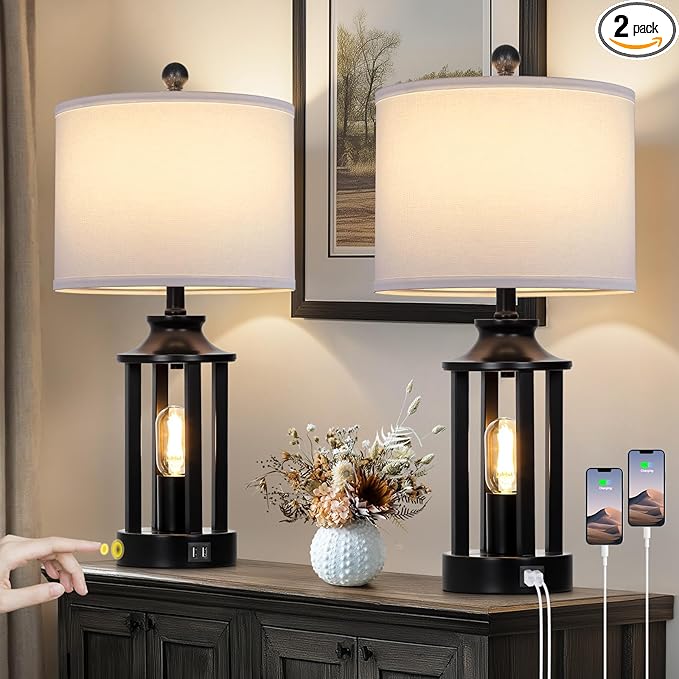 Black Living Room Lamps Set of 2, 3 Way Dimmable Touch Control Farmhouse Table Lamps with 2 USB Ports, Retro Bedside Lamp with 2 LED Nightlight,Rustic Bedroom Lamp for Nightstand(4 LED Bulbs Included) - Bloomnest