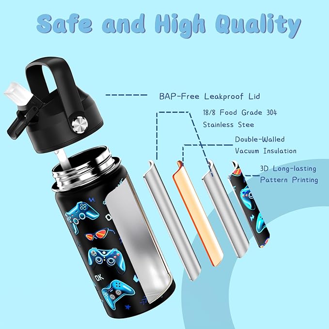 14oz Kids Insulated Water Bottle with Straw Lid - 18/8 Stainless Steel Kid Cup Travel Tumbler Double Wall Vacuum Leak Proof Portable Toddler Water Bottle (Game) - Bloomnest