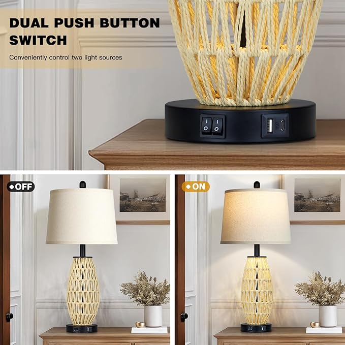 27“ Beige Boho Rattan Table Lamps with Night Light, Natural Bedroom Lamps Set of 2 with USB A+C Charging Ports, Rustic Farmhouse Woven Wicker Bedside Nightstand Lamp for Living Room End Tab - Bloomnest