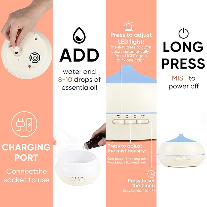 HAPPTWS 500ML Essential Oil Diffuser - BPA Free Ultrasonic Aromatherapy Diffuser, with 7-Color Lights - Waterless Auto Shut Off - Milky white HAPPTWS