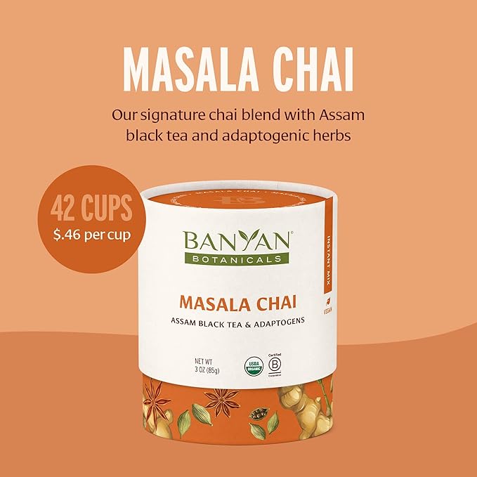 Banyan Botanicals Masala Chai – Organic Tea with Assam Black Tea, L-Theanine & Adaptogenic Herbs – Vegan, Loose Leaf, Fair Trade – 3 oz, 42 Servings - Bloomnest