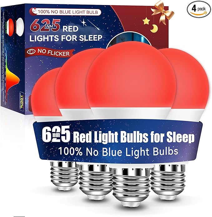 Neporal 625nm Red Light Bulbs for Sleep 9W, 100% Blue Light Blocking Red Night Light, Sleep Light Bulb for Melatonin Promoting, A19 60W Equivalent Dim Light Bulbs for Bedroom, Baby Nursery,4 Packs - Bloomnest