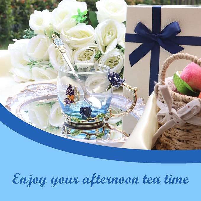Flower Tea Cup,Butterfly Rose Clear Glass Fancy Coffee Mug with Spoon,Gift Box for Her Mom Wife Grandma Girls Women Christmas Birthday Present Idea for Juice,Hot And Cold Drinks Use - Bloomnest