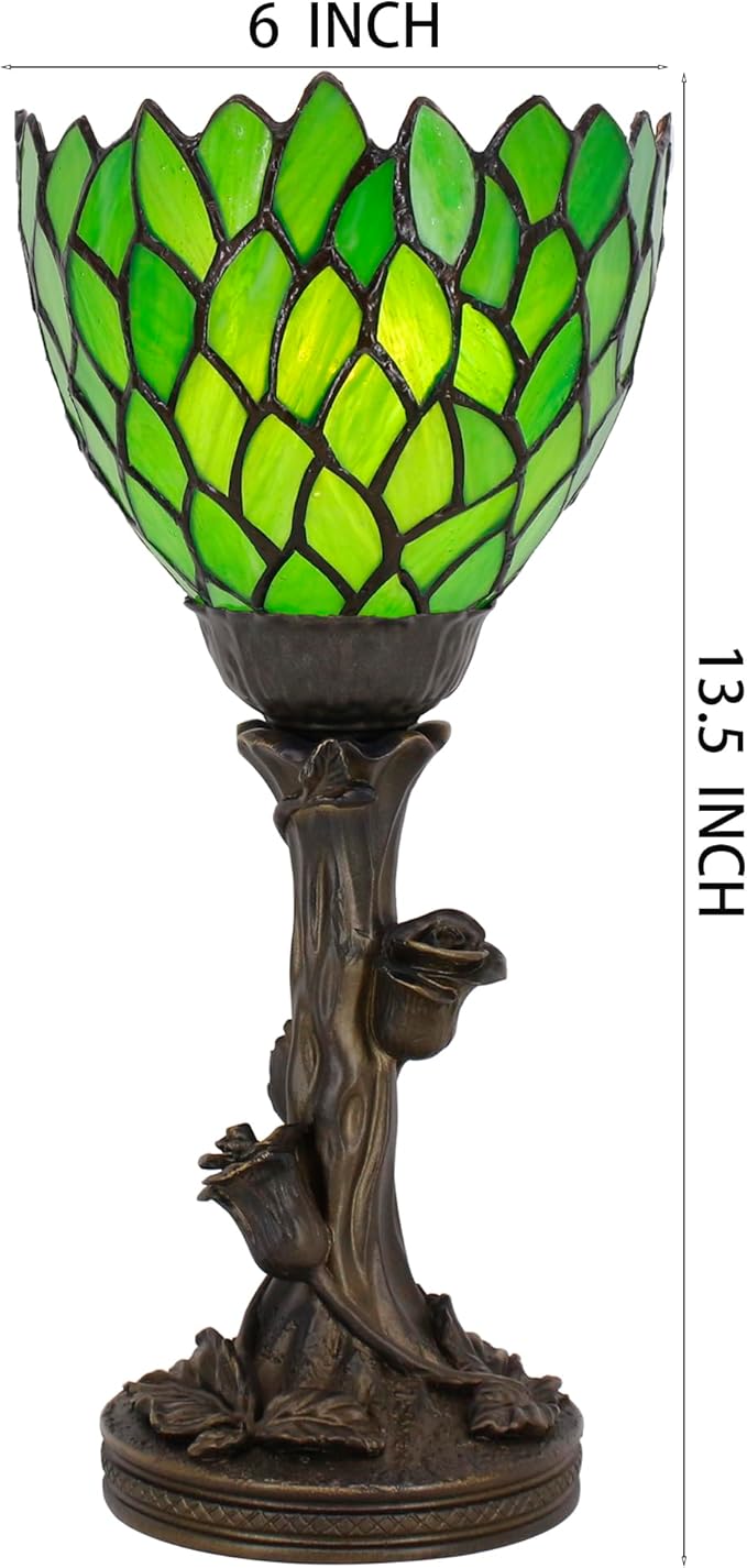 Small Tiffany Lamp Mini Stained Glass Table Lamp Green Wisteria Accent Desk Uplight W6 H13.5 Inch Bronze Resin Base - Bloomnest