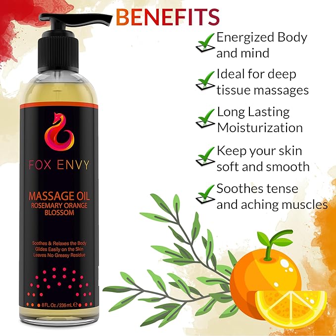Massage Oil for Couples, Women & Men (1 Bottle, 8 fl oz) - Fox Envy Orange Blossom with Rosemary Scented Sensual Oil with Coconut Oil & Jojoba Oil - Enhances Stimulation for The Body & Muscles - Bloomnest