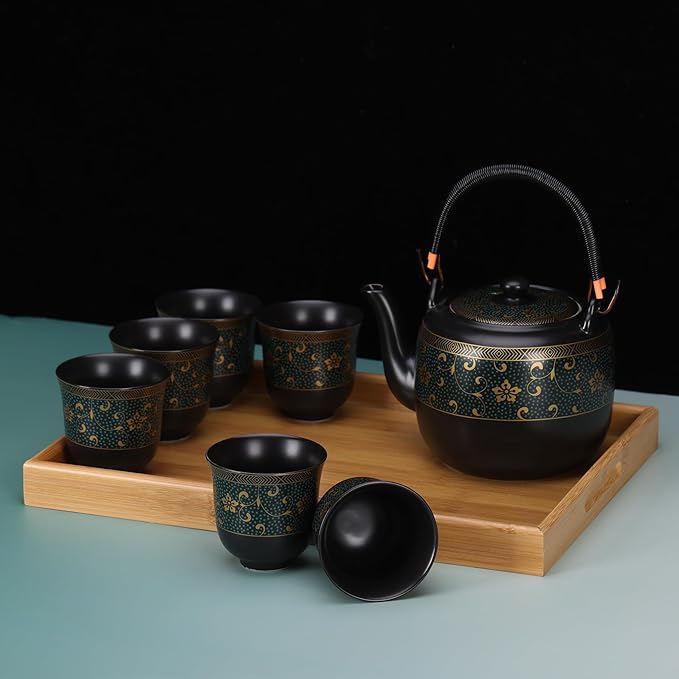 Handmade Japanese Ceramic Tea Set-Traditional Asian Design with Modern Convenience,Includes 1 Teapot,6 Cups,Tea Tray and Stainless Infuser, Perfect for Tea Enthusiasts and Collectors (Design2) - Bloomnest