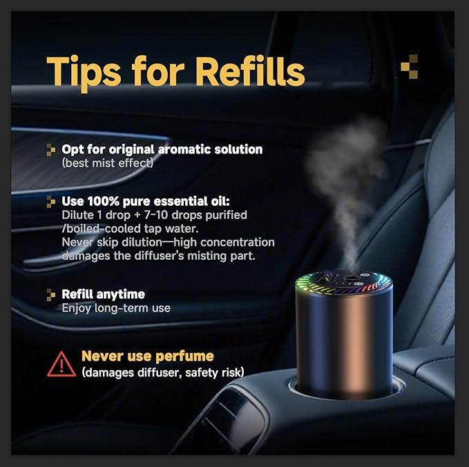 Smart Car Air Freshener with Star Light & 50ml Diffusers Oil Refills, Auto On/Off Aroma Diffuser, 3 Adjustable Mist Modes Rechargeable Aromatizante para Carro - Car Diffuser（Cologne） - Bloomnest