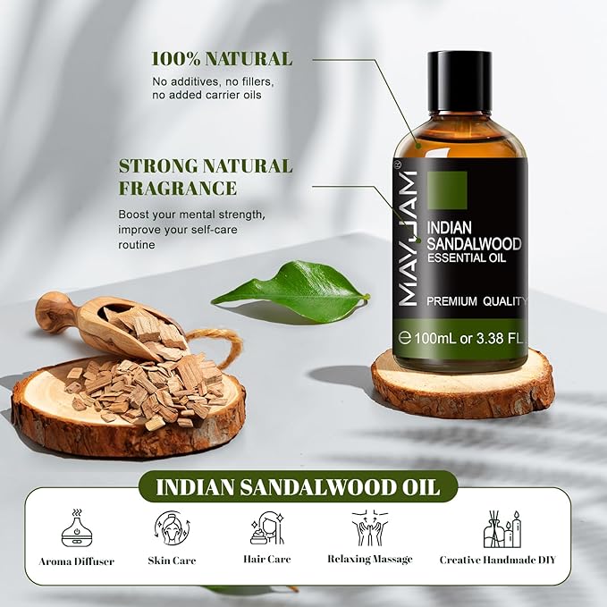 MAYJAM Indian Sandalwood Essential Oils 3.38 FL.OZ Pure Indian Sandalwood Oil for Massage Skin Care Hair Care Diffuser Candle and Soap Making - 100ml - Bloomnest