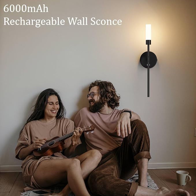 Black Battery Operated Wall Sconce Set of 2,3000K-6000K Dimmable 6000mAh Rechargeable Wall Sconce Indoor Wireless Wall Lights Remote Control for Bedroom,Living Room,Hallway - Bloomnest