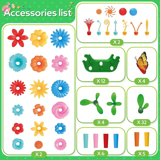 YEEBAY Flower Garden Building Toys for Girls Age 3, 4, 5, 6, 7 Year Old - STEM Gardening Toys for Kids - Stacking Game for Toddlers Play Set - Educational Activity for Preschool (148 PCS) - Bloomnest
