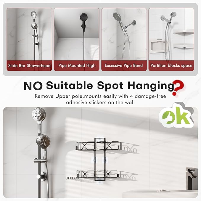 Stainless Steel Hanging Shower Caddy for Handheld Shower Heads,Adjustable Height Extra Long Bathroom Shower Organizer Hanger Rack with Hooks,Soap Holder - Bloomnest