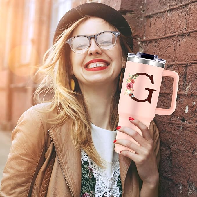 Monogrammed 40oz Tumbler with Handle for Women, Personalized Birthday Gifts for Women,Initial Cups for Woman Floral Letter G,Customized Gifts for Female Lady Gift for Mothers Day Christmas - Bloomnest