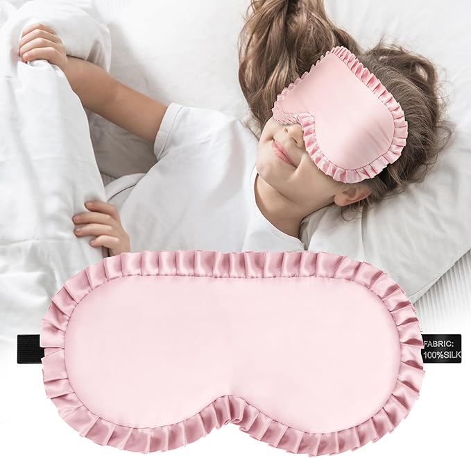 Kids Sleep Mask Eye Cover, 100% Real Mulberry Silk Sleep Mask with Adjustable Strap, Kids Blindfold for Sleeping, Boys Girls Eye Shade for Ages 5+, Soft and No Pressure (Pink) - Bloomnest