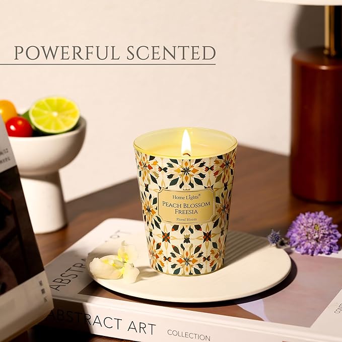 HomeLights Scented Candles for Women & Men, 6.7oz Candle Jars Aromatherapy Single Wick Candle, Ideal for Bohemian Natural Textures Home Decor and Gifts, Peach Blossom Freesia - Bloomnest