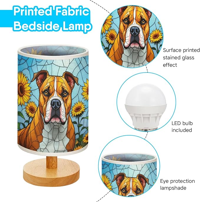 Staffordshire Bull Terrier Table Lamp LED 3-Color Pressed Bedside, Dog Shade Lamp with Wood Base for Bedroom Living Room Desk Office - Bloomnest