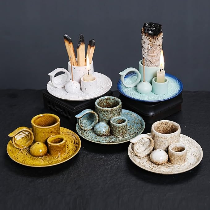 4 in 1 Ceramic Incense Burner Holder with Handle for Burning Sage, Palo Santo Stick, Joss Sticks, Candle in Your New House, Office, Yoga, Meditation Room (Sky Blue) - Bloomnest