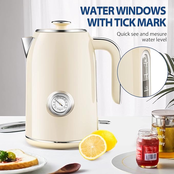 PUKOMC Electric Kettle, 1.7L Stainless Steel Tea Kettle with Temperature Gauge, 1500W Water Boiler with LED Light, BPA-Free, Auto Shut-Off and Boil-Dry Protection (Beige) Visit the Pukomc Store - Bloomnest