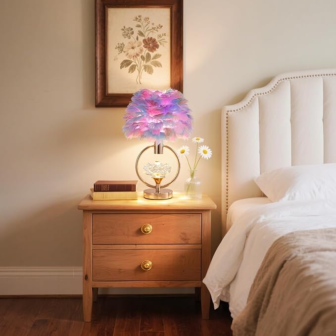 Colorful Feather Lamp Unique Feather Bedside Nightstand Light Goose Furry Desk Lamp Romantic Atmosphere Table Lamp for Girl Bedroom Wedding Decor Living Room Hotel 17IN - Bloomnest