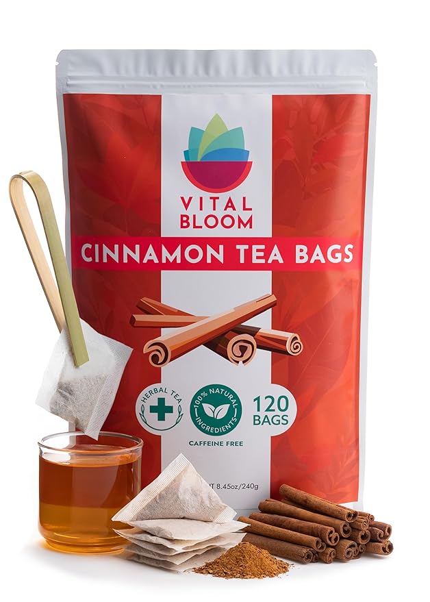 Vital Bloom Pure Cinnamon Tea, warm, spicy flavor, 100% Natural, Caffein Free, Hot or Cold Brew Herbal Tea, Bleach Free Tea Bags, Non GMO (Free Bamboo Tongs included) - Bloomnest