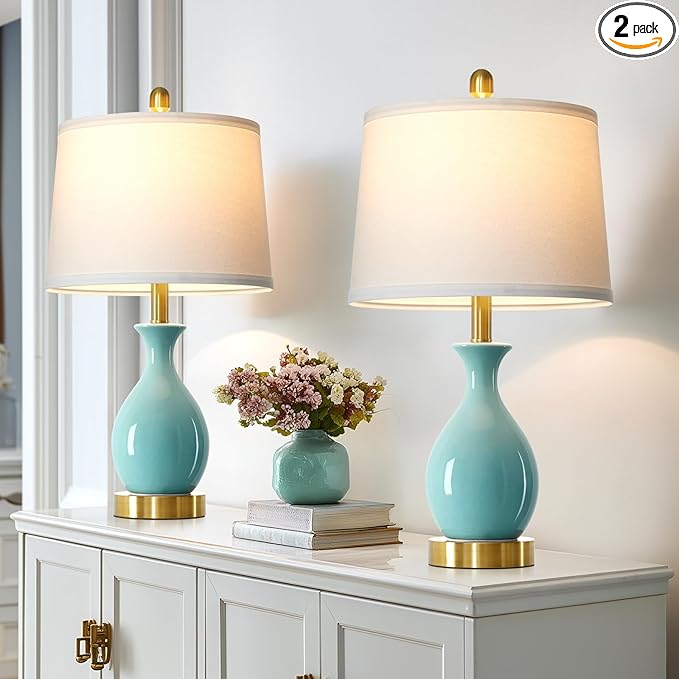 24" Bedroom Table Lamps Set of 2, Modern Classic Ceramic Lamps for Living Room, Small Bedside Table Lamp for Nightstand or End Table, Aqua Blue (2 LED Bulbs Included) - Bloomnest