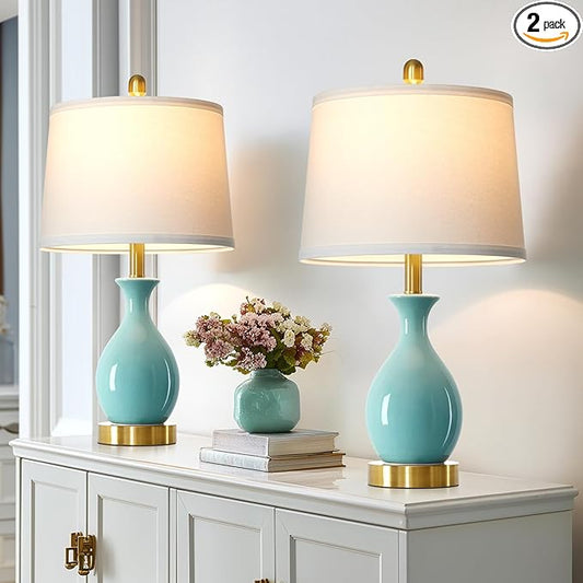 24" Bedroom Table Lamps Set of 2, Modern Classic Ceramic Lamps for Living Room, Small Bedside Table Lamp for Nightstand or End Table, Aqua Blue (2 LED Bulbs Included) - Bloomnest