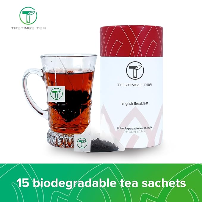 Tastings Tea English Breakfast Tea Bags - 15 Biodegradable Pyramid Sachets | Black Tea Blend with Assam & Nilgiri Flavor | Natural Caffeinated Tea - Bloomnest