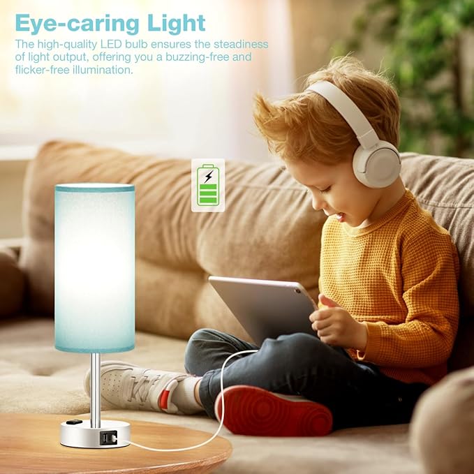 Fenmzee Turquoise Nightstand Table Lamp for Bedroom - 3 Way Dimmable Touch Lamp USB A and C Charging Ports and AC Outlet, Small Lamp for Office Desk with Metal Base, LED Bulb Included - Bloomnest