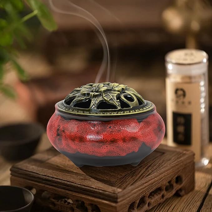 MrMrKura Ceramic Incense Burner with Lid, Incense Holder for Sticks Incense Cone Holder with Brass Incense Stick Holder for Yoga Meditation Home Decor (Fambe Red) - Bloomnest