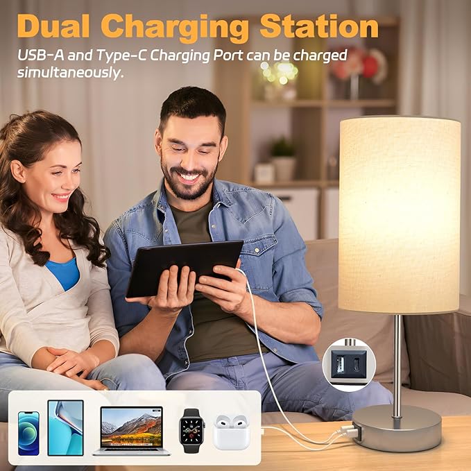 AKASUKI 18Inch Table Lamp with Dual Charging Station, 3 Way Dimmable Touch Lamp for Bedroom, Living Room, Office(LED - Bloomnest