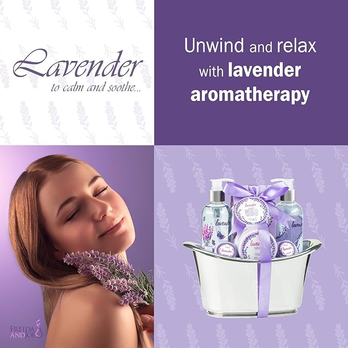 Aromatherapy Essentials Valentines Spa Set for Women in Large Silver Tub Bath Set Includes 2 Bath Bombs, Body Lotion, Bath Salts, Shower Gel, and Bubble Bath (Lavender) - Bloomnest