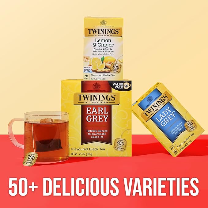 Twinings Earl Grey Black Tea Individually Wrapped Bags, 50 Count (Pack of 6), Flavoured with Citrus and Bergamot, Caffeinated, Enjoy Hot or Iced, 300 Teabags - Bloomnest