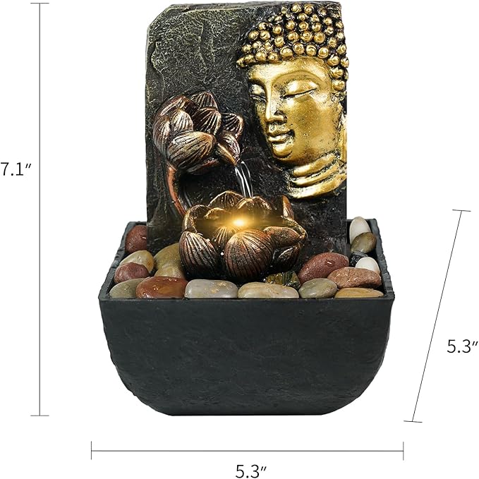 Ferrisland Tabletop Buddha & Lotus Waterfall Fountain with LED Light, Perfect for Zen Home & Office Decor(Gold) - Bloomnest