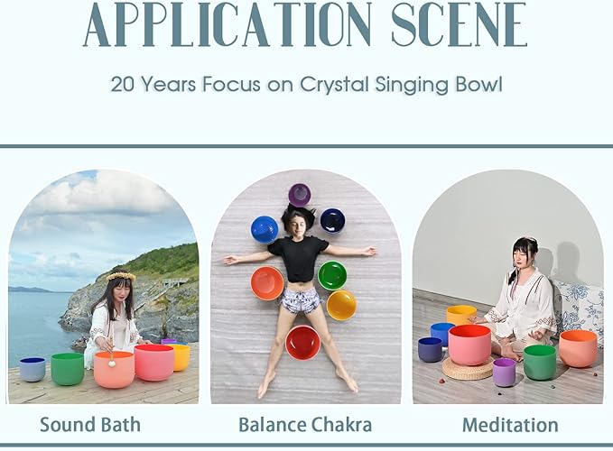 432HZ 6''-12'' Set of 7 Colored Crystal Singing Bowl Set Crystal Sound Healing Frosted Chakra Quartz bowls with 2 Case Bags and Rubber Mallets - Bloomnest