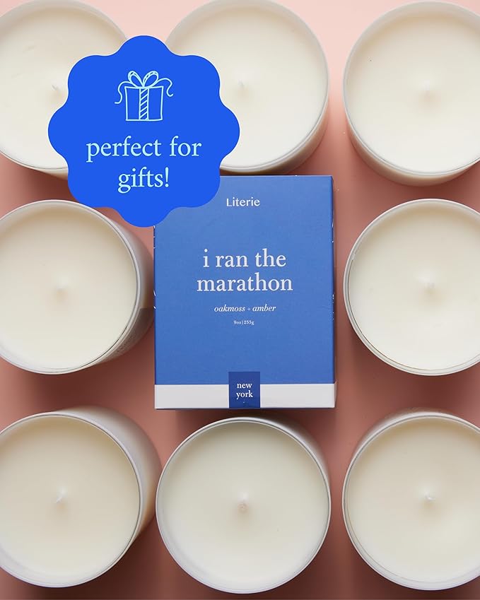 Literie NYC Inspired Scented Candle: I Ran The Marathon - Oakmoss & Amber Scent, 9oz, 50 Hour Burn, Vegan Soy & Coconut Blend Candle for Home Decor, Gift for Women & Men - Bloomnest