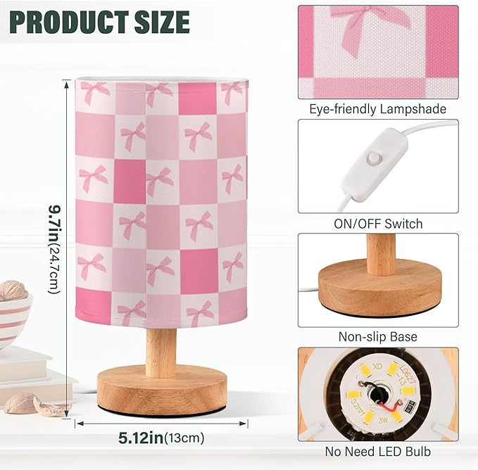Pink Bows Gingham LED Table Lamp with USB Port Night Light Bedroom Lamps for Nightstand Living Room Dorm Home Office Desk - Bloomnest