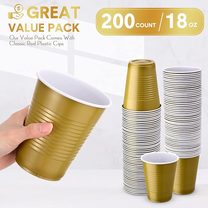 Zopeal 200 Pcs Plastic Cup Bulk 18 oz Disposable Tumblers Wedding Hard Plastic Party Wine Cups Fancy Beverage Drinking Soda Cocktail Glasses for Wedding Birthday Christmas(Gold) - Bloomnest