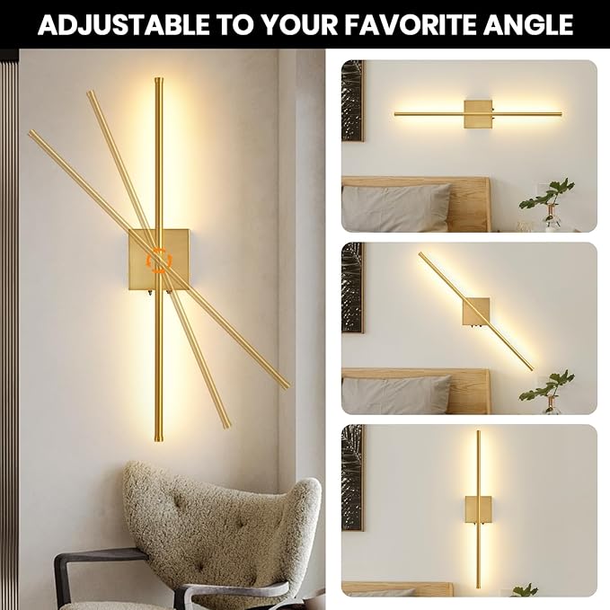 Battery Operated Wall Sconces Set of 2, 11000mAh Wireless Rechargeable Gold Wall Lights with Remote Control, 350°Rotate Dimmable Wall Lamp, 3 Color Temperatures, for Bedroom, Living Room, Hallway - Bloomnest