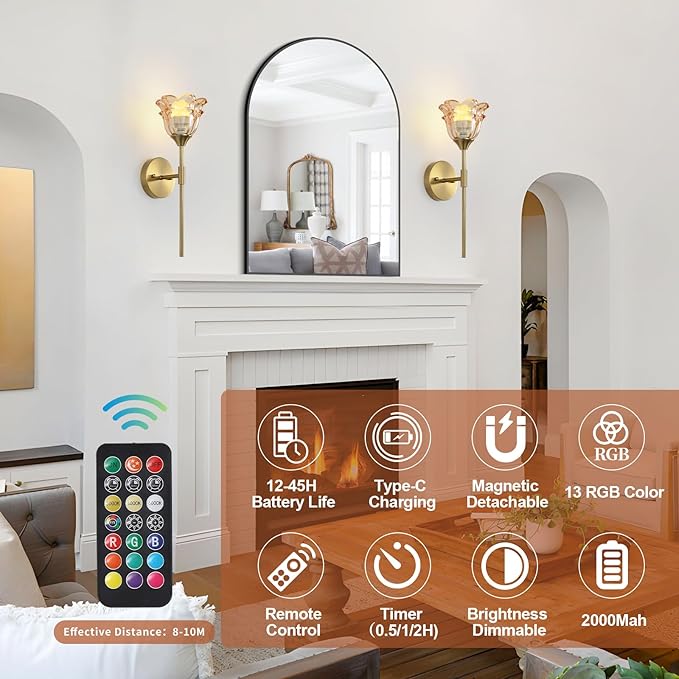 2 Pack Battery Operated Wall Sconce with Amber Glass Shades, Wireless Rechargeable RGB Wall Light with Remote Control, for Bedroom Mirror Living Room, ETL Listed - Bloomnest