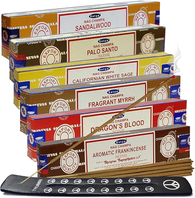 Satya Incense Sticks Variety Pack #10 and Holder Bundle with 6 Classic Fragrances Sandalwood Dragon's Blood Palo Santo White Sage TRUMIRI