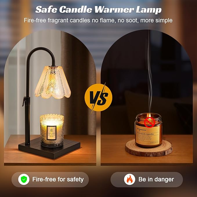 Golden Floral Candle Warmer Lamp with Timer & Dimmable Light - Adjustable Height Jar Candle Melter with Ebony Wooden Base, Home Decor Gift Set (Includes 2 Bulbs) - Bloomnest