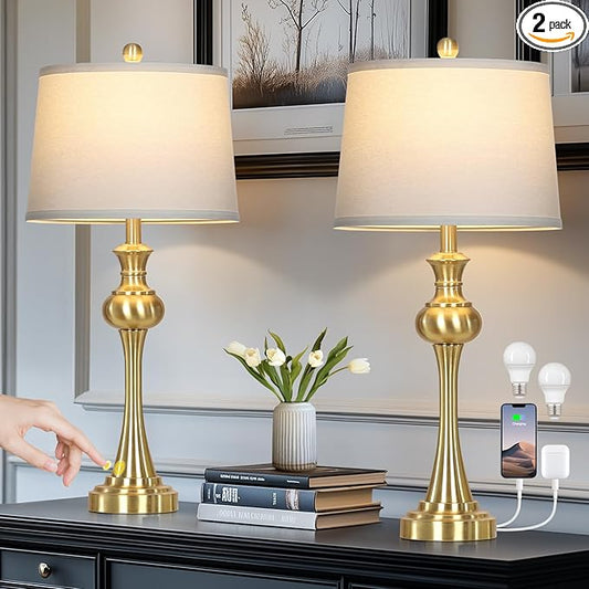 28.75" Gold Table Lamps for Living Room,Touch Lamps for Bedrooms Set of 2 - Nightstand Table Lamp with USB C+A, 3 Way Dimmable Bedside Lamps End Tables, Antique Brass - Bloomnest