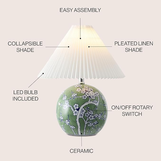 JONATHAN Y JYL5056A Shishen 19.5" Cottage Classic Chinoiserie Ceramic Orb LED Table Lamp with Pleated Shade, Green/White for Bedroom, Living Room, Kitchen, Home Office, Kids Room - Bloomnest