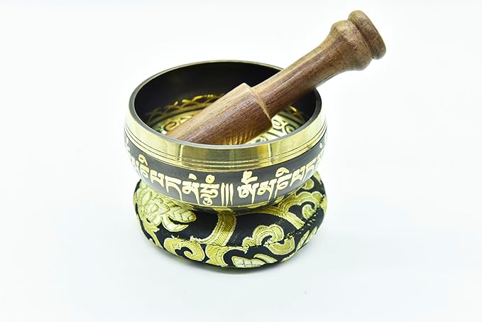 3.75" Tibetan Meditation Yoga Singing Bowl Green Set with free Wooden Mallet and Silk Cushion from Nepal, Singing bowls. (Black) - Bloomnest