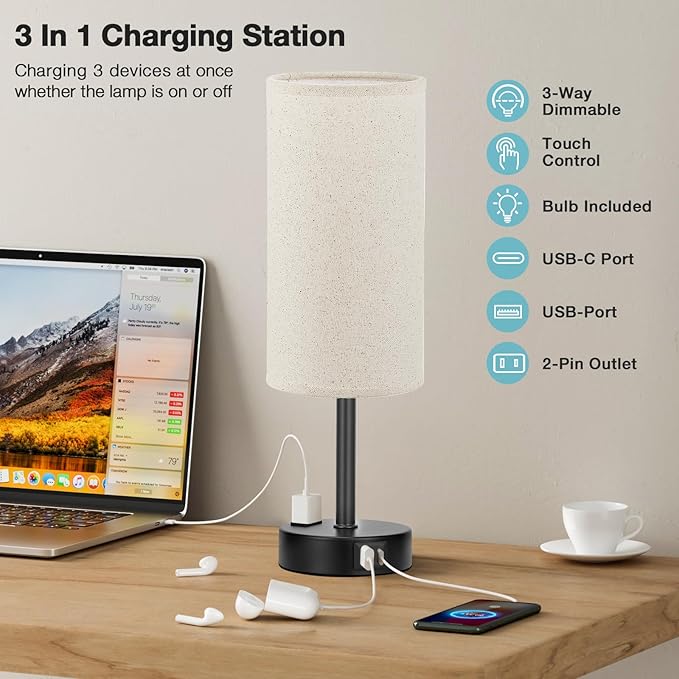 Fenmzee Beige Touch Table Lamp for Bedroom - 3 Way Dimmable Bedside Lamp USB C Charging Ports and AC Outlet, Small Lamp with Fabric Shade Black Base for Living Room, Office Desk, LED Bulb Included - Bloomnest